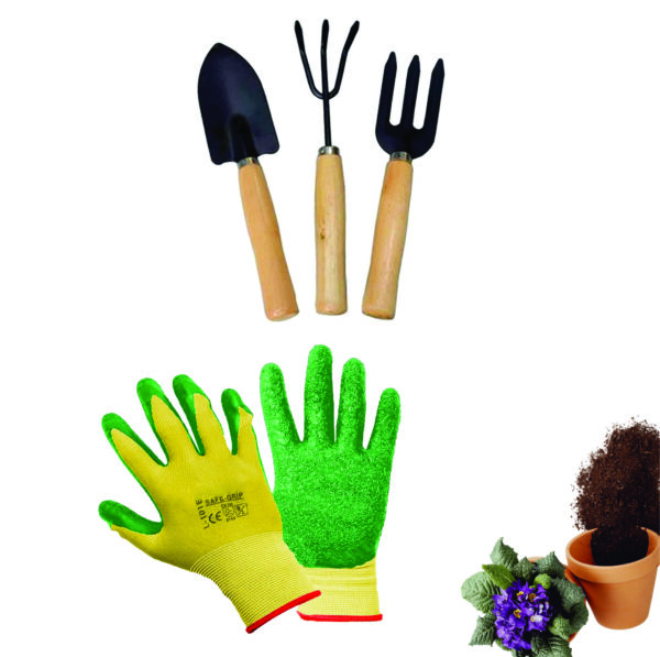 GROWTOP 3-Piece Garden Hand Tool Set with Wooden Handles & Safety Grip Gloves | Trowel, Cultivator, Fork | Essential Home Gardening Kit