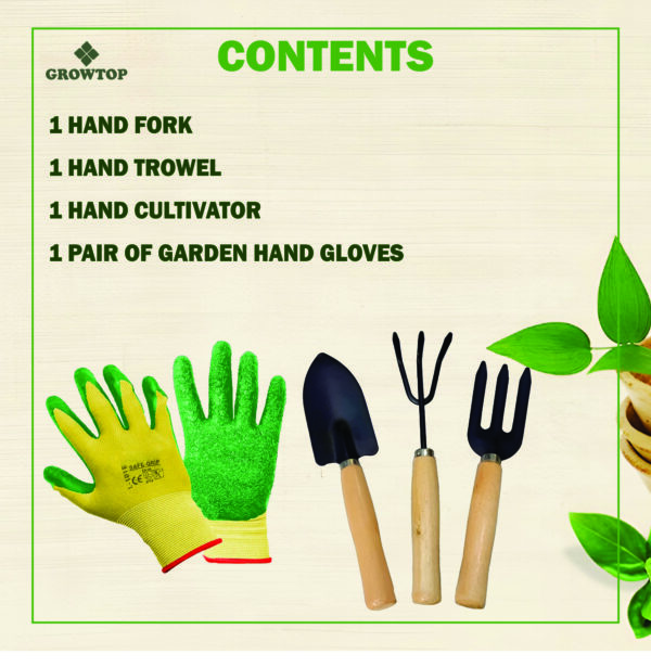 GROWTOP 3-Piece Garden Hand Tool Set with Wooden Handles & Safety Grip Gloves | Trowel, Cultivator, Fork | Essential Home Gardening Kit - Image 2