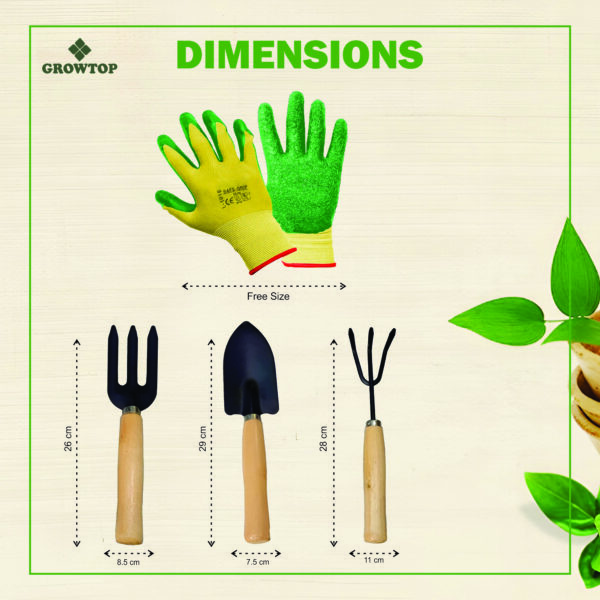 GROWTOP 3-Piece Garden Hand Tool Set with Wooden Handles & Safety Grip Gloves | Trowel, Cultivator, Fork | Essential Home Gardening Kit - Image 4